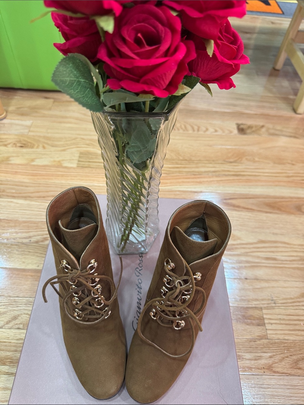 Gianvito Rossi Tan Suede Lace-Up Ankle Boots with Gold Hardware - Made in Itsly